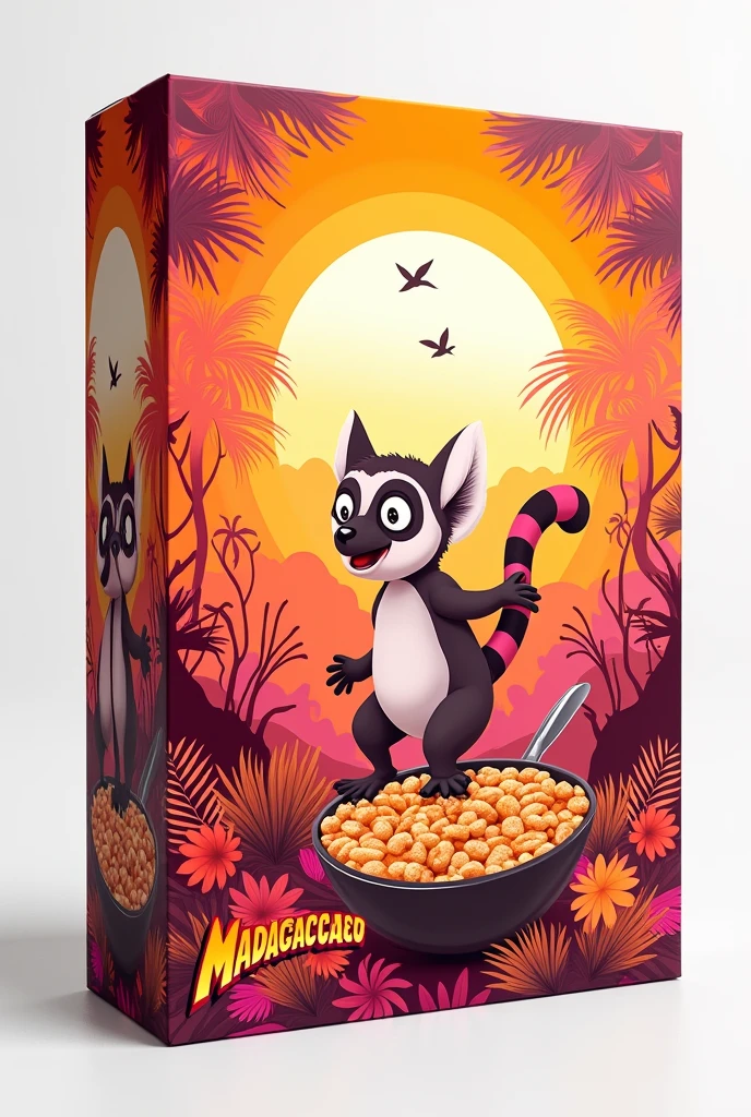 Cereal with a design referring to the country of Madagascar, that includes orange colors, pink and white
