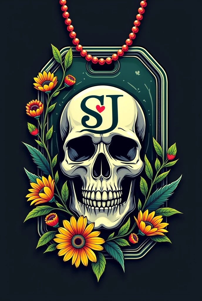 I want to create a logo for a clothing brand, in the form of a dog tag that has the letters S and U engraved in capital letters intertwined with the letter in the form of a human bone, and at the bottom a sterilized skull with reddish orange floral arrangements, yellow and phosphorescent green, that runs through the youthful and the modern