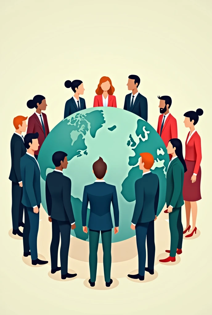 the earth surrounded by men and women dressed in suits, flat design， colourful