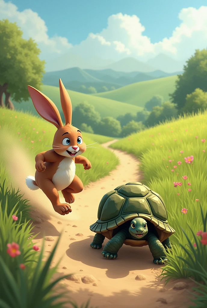 The race starts, and the rabbit dashes off, quickly disappearing from view. The turtle, moving slowly but steadily, begins his journey.