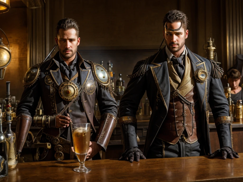Realistic, masterpiece, Highest quality, Cinema Lighting, Natural Shadows, Highest detail, Professional photography, Detailed Background, Depth of written boundary, Insane Details, Complex, beautiful, Detailed face, Realistic hair, Realistic eyes, Muscular, Handsome photo (African), Steam 4RMOR, Steampunk suit, clockwork suit, Are standing, Steampunk Fantasy Background, Drinking at the BAR、((Eye patch))