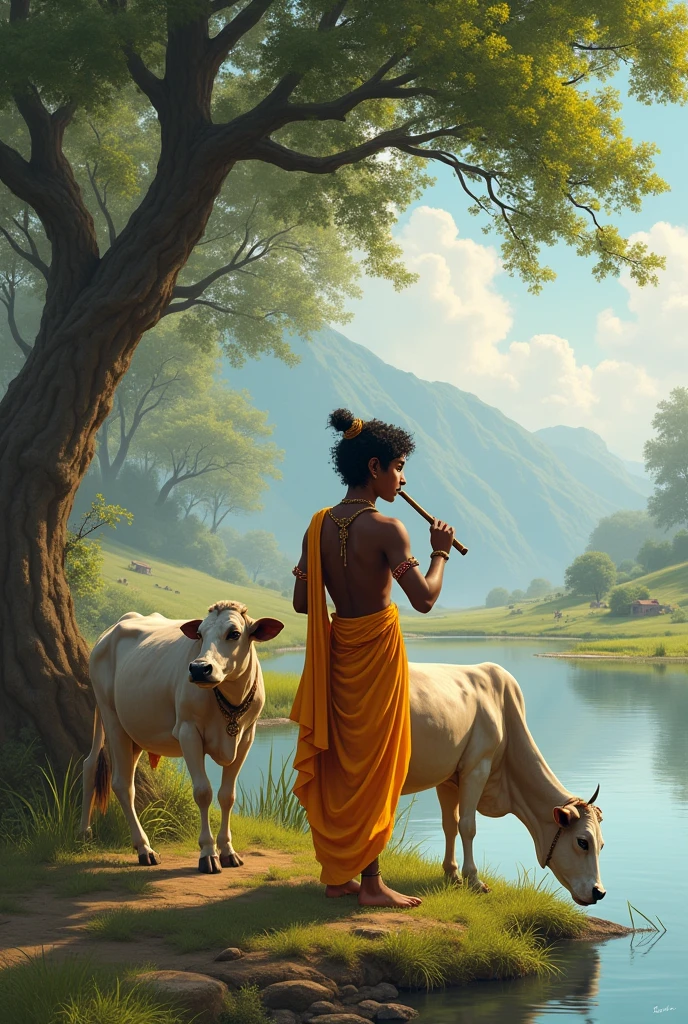 A  Krishna grazing their cows with their friend and also sitting on the bank of river under a tree also playing flute