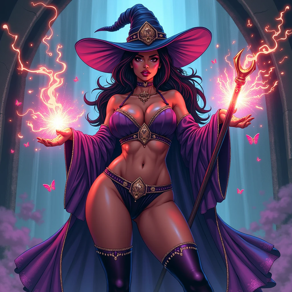 Sorcerer, female, dark skinned, holding staff, casting magic, thick thighs, wide hips, large chest, revealing witch outfit, big witch hat, thigh highs, Manga illustration