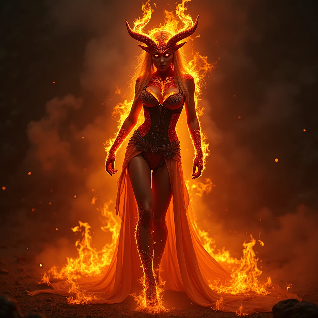portrait character DnD, ifrit woman, the body is made of fire, lava skin, magma skin, fire element, Creature, Demon Woman, fiery skin, fiery, dance with flames, domineering, beautiful, proud, high detail, masterpiece, deep shadows, Against the backdrop of hell, darkness, skin emits light, athletic body, erotic outfit, a corset, minions the devils under your feet