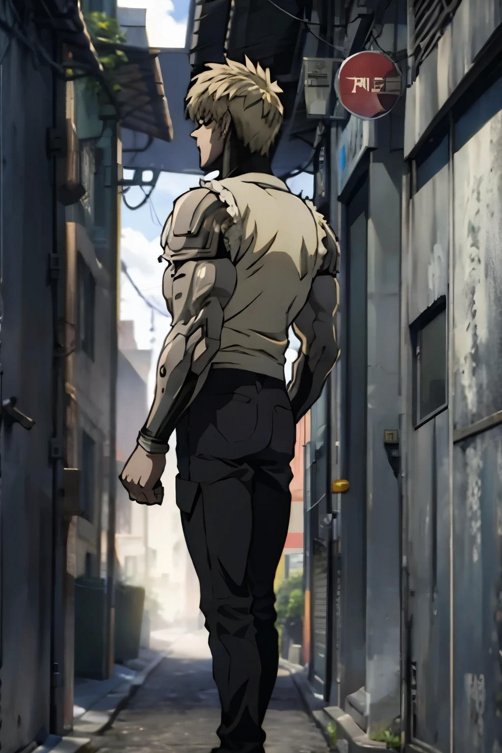 back genos, from the One Punch Man series, (backwards) (full body)