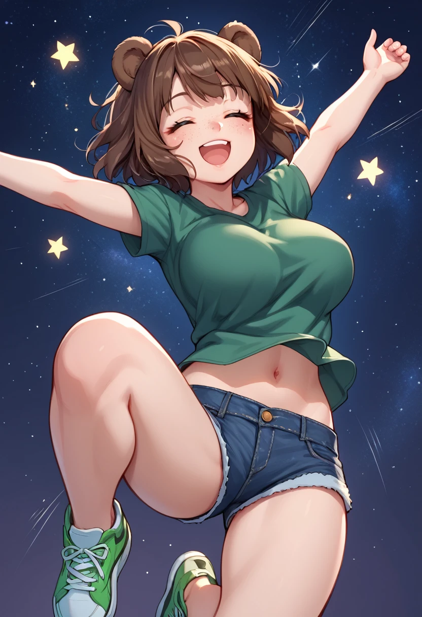 score_9_up, score_8_up, score_7_up, 1girl, solo, source_anime, hourglass figure, Big breasts, kemonomimi, bear ears, brown hair, short hair, messy_hair, closed eyes BREAK freckles, (dreaming she can fly), green shirt, short sleeves, navel, denim shorts, green sneakers, smile, open mouth, happy, (flying), spread arms, night sky, starry sky, speed lines