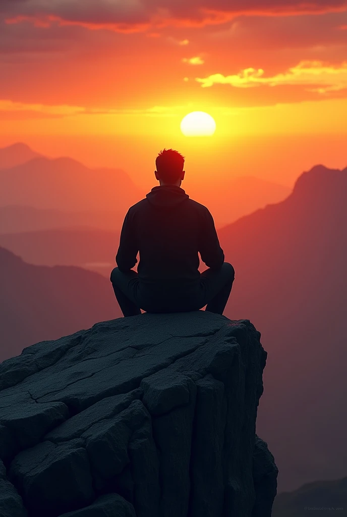 Man from behind watching the sunset on a mountain sitting on top of a rock