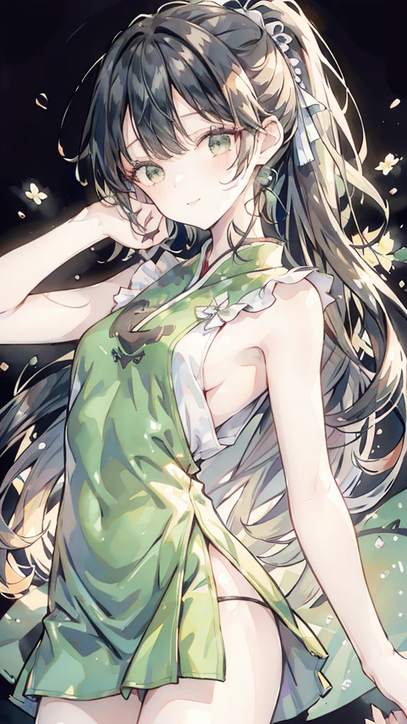 short girl, 1girl, solo, masterpiece, highres, solo, 8k, detailed, perfect face, best quality, (ultra high quality), (looking at viewers), (armpit), bare arms, small breast, sideboob, black hair, long hair, ponytail hair, hair bangs, green eyes, chinese dress, traditional dress, green dress, slim body, upper body, smile, hand up