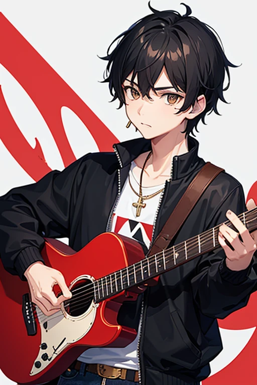boy, messy black hair, brown eyes, black jacket, red shirt with guitar print, blue jeans, slim build, black belt, necklace with gold cross, looking directly at viewer, white background.