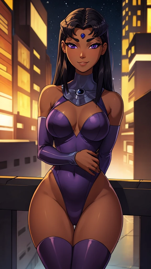 ((ultra quality)), ((Masterpiece)), Blackfire, ((black hair)), (Beautiful face), (beautiful female lips), (), charming, ((Innocent expression)), looking at the camera smiling softly, eyes closed a little, (dark skin color), (dark skin), glare on the body, ((detailed beautiful female eyes)), ((purple eyes)), (juicy female lips), (), (beautiful female hands), ((Ideal female figure)), Ideal female body, beautiful waist, beautiful hips, small breasts, ((subtle and beautiful)), stands temptingly () background: on a tall building night city, ((depth of field)), ((high quality clear image)), (clear details), ((High detail)), realistically, professional photo session, ((Clear Focus)),nsfw, smile, looking at camera,