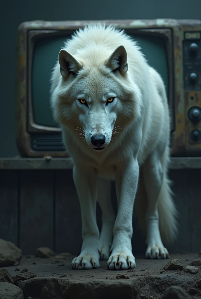 A white wolf with an old television behind him and everything around him dark.