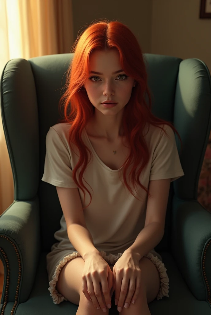 Not very strong red haired girl sitting on an armchair with a man kneeling in front of her, The girl's gaze is strong and she has a slight smile.