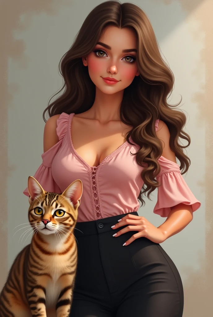 White Brazilian woman with brown hair, dressed in a pink blouse with sleeves, black skirt with a brown cat with brown eyes. She has her hands on her waist.