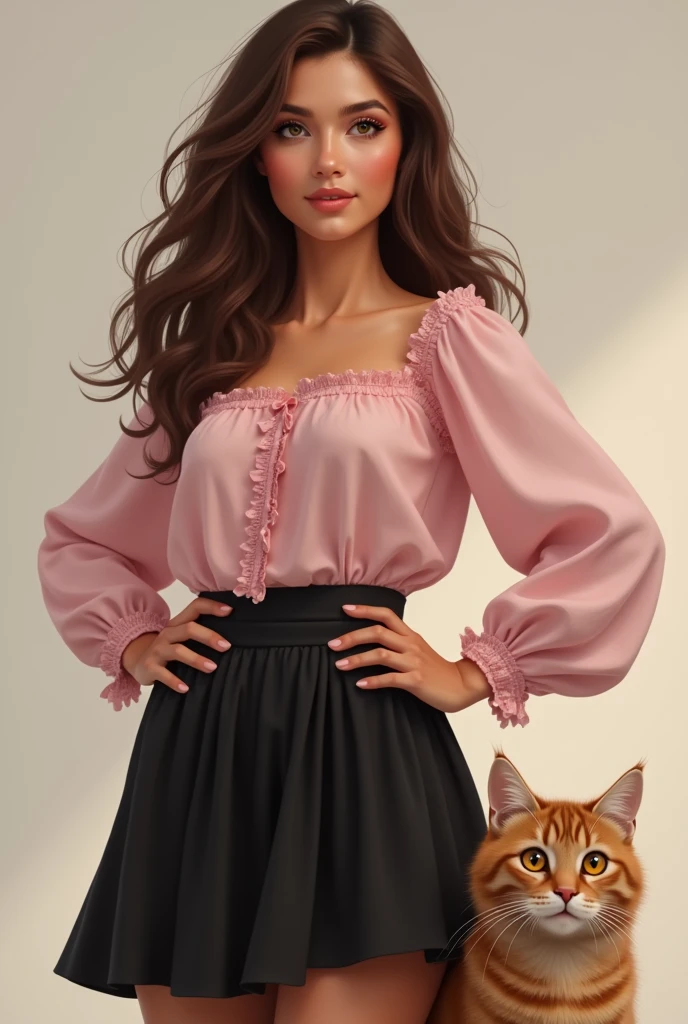 White Brazilian woman with brown hair, dressed in a pink blouse with sleeves, black skirt with a brown cat with brown eyes. She has her hands on her waist.