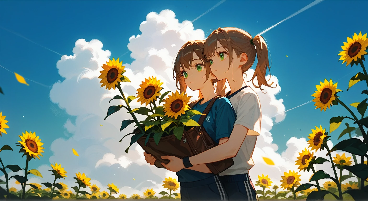 1 Girl，Brown side ponytail，Green eyes，Sports short sleeves，trousers，carrying a bag，Stand in front of the school，Holding sunflower in hand，Flow，Movie lighting，Blue sky，White Cloud，Highest quality