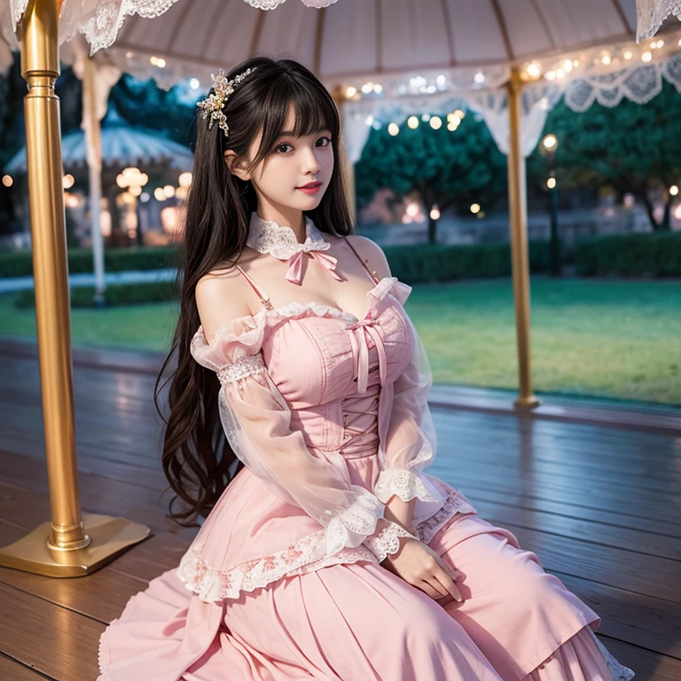 Side shot, Mature, daytime, merry-go-round , 41 year old woman, Bow at the back of the waist, Skirt length to calf, cupcake dress, Layered skirt with lace on each layer, Wear a TA dress, layered dress, Pink lolikirt, lots of lace, Long sleeve, Wide sleeves, Big skirt, layered lace skirt, Puff sleeves, Wide sleeves, Transparent sleeves, intricate details showcase the ruffles and intricate designs of the Lolita d, Wearing a lolita dress the amusement park, at disneyland, 背景是merry-go-round, best quality, Delicate face,beautiful visual work, lifelike, eternity, black hair, Long curly hair, blunt bangs, Smile, Detailed Background, Delicate face,blush,cold,((masterpiece))、(top quality)、8k、high detail、Super detailed,41-year-old female, masterpiece、born、Scenes resembling fairy tale illustrations、intricate details和複雜的設計、Beautifully、magic、capricious、 Beautifully、Dream aesthetics、「𝓡𝓸𝓶𝓪𝓷𝓽𝓲𝓬、ethereal、charming、fickle、magic」、realism、Visual effects、FXAA、SSAO、Shader、voiceless、ambient lighting、Tone mapping、High resolution、Ultra high quality、Million pixels、(8K resolution:1.10)、8k、8k以下、8K resolution、high detail、intricate details, (high quality:1.2、masterpiece:1.2、:1.21)、(41-year-old female:1.21)、(興奮地Smile)、(Surrounded by a dreamy atmosphere、Model diagram,full-body shot,Normal 2 feet,Put your hands behind you,The protrusion of the breast is visible when wearing clothes, Large Breasts, H cup chest, pink clothes, Don't show your fingers, full-body shot, full-body shot,full-body shot,full-body shot,full-body shot,full-body shot,full-body shot,full-body shot,hands hidden in clothes, hands hidden in clothes,hands hidden in clothes,hands hidden in clothes,hands hidden in clothes,hands hidden in clothes,hands hidden in clothes,hands hidden in clothes,hands hidden in clothes, ,hands hidden in sleeves ,hands hidden in sleeves ,hands hidden in sleeves ,hands hidden in sleeves ,hands hidden in sleeves ,hands hidden in sleeves ,hands hidden in sleeves ,hands hidden in sleeves, arms behind back, arms behind back, milf, mature women