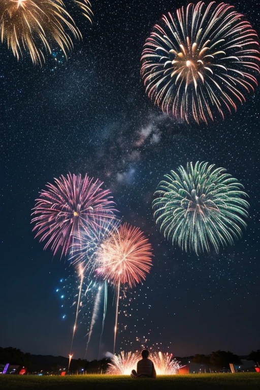 Fireworks display、Big fireworks bursting into the night sky、Yukata、Fireworks all over the night sky、Night Scenery、(The vast starry sky:1.4)、Shining Star、Milky Way in 7 colors、Beautiful skyline、shrine、Summer festival、Very tense and dramatic footage、Moving visual effects、The North Star Hanging High、Colorful night with natural light