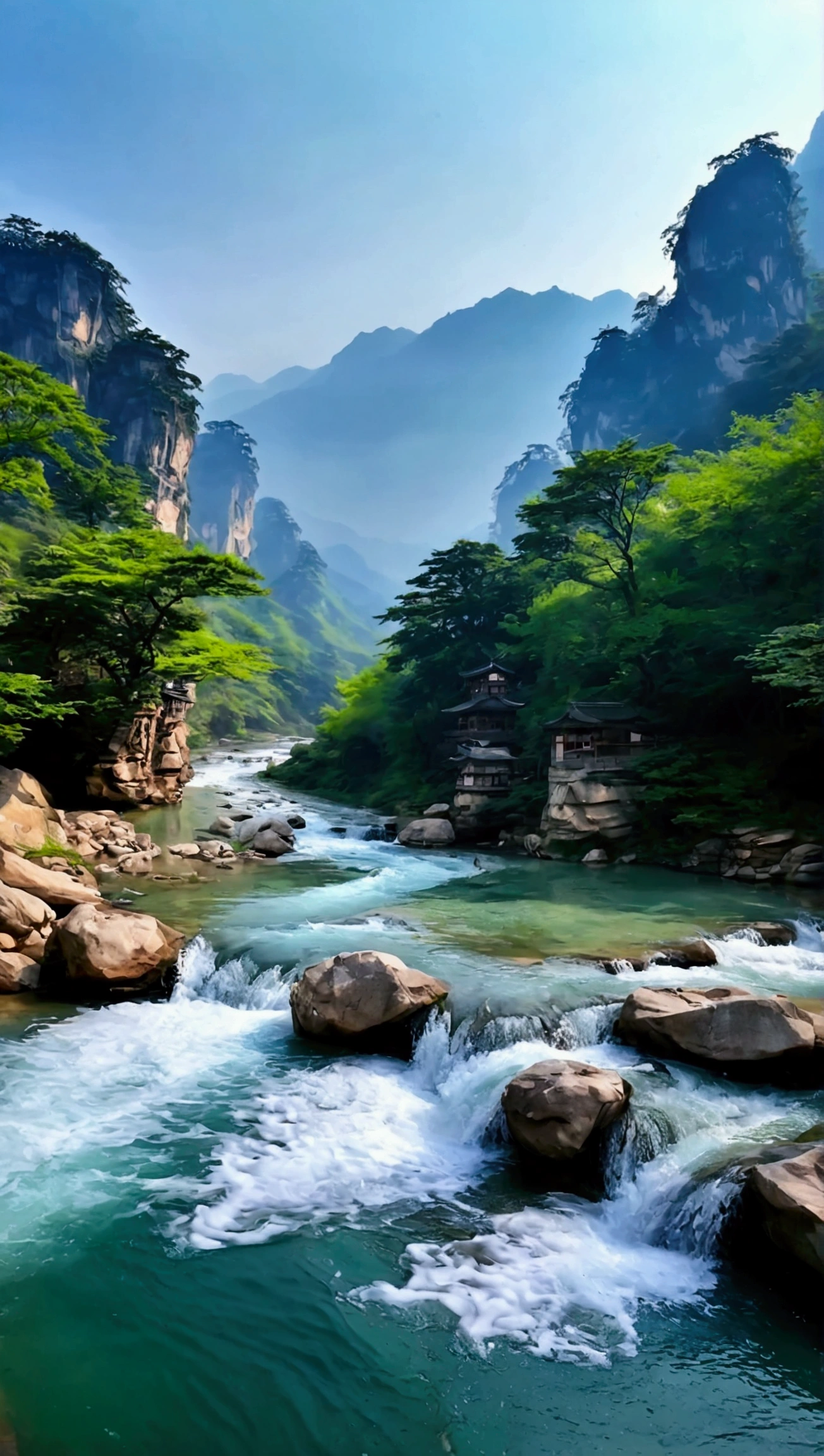 The stream is flowing,The stream is clear,Like Zhangjiajie Mountain,The mountains are cloudy,Real and natural,Real photography