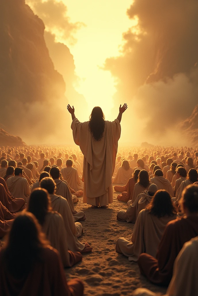 Create an ultra-realistic, high-detail image capturing a powerful moment of worship, where the people of Israel are prostrated on the ground in deep reverence, with the prophet Elijah standing at the center, raising his hands in praise. The scene is bathed in the radiant glory of God, which shines brilliantly in the background, illuminating everything with a divine light.
Main Composition:
The image should depict a large group of Israelites, dressed in ancient, traditional garments, humbly prostrated on the ground. Their bodies are fully extended, faces pressed to the earth, and hands outstretched in a gesture of surrender and worship. Their varied postures should convey a deep collective devotion, with some fully lying flat and others on their knees, all unified in their act of worship. The expressions on their faces, even though they are prostrated, should reflect awe, humility, and reverence.
Elijah’s Position and Expression:
Elijah should be positioned at the center of the scene, standing tall with his hands lifted high towards the heavens. His long, dark hair flows down his back, and his face is illuminated by the divine light, showing an expression of deep joy, faith, and spiritual connection. Elijah’s robes are worn and flowing, catching the light, giving the impression of movement and a connection to the divine presence. His posture should be one of strong, unwavering faith as he leads the people in worship.
Divine Glory:
In the background, the radiant glory of God should be depicted as a brilliant, overwhelming light that fills the entire scene. This divine light should emanate from a source partially obscured by clouds or mist, symbolizing the holy and mysterious nature of God's presence. Rays of light should extend outward from this central source, bathing Elijah and the worshippers in a warm, golden glow that fills the scene with a sense of divine majesty and peace.
Landscape and Atmosphere:
The setting is a broad, open landscape with rocky terrain a