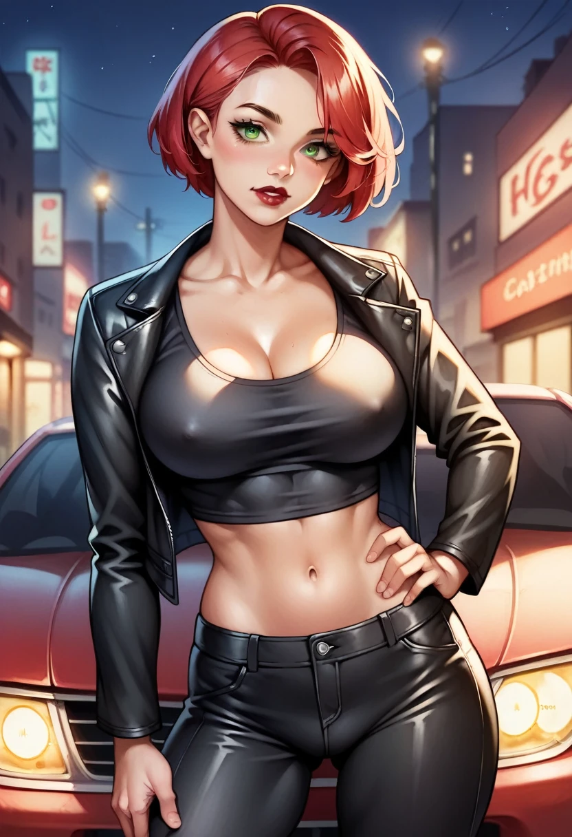 (high-level image quality), (high quality), (high resolution), (detailed), (masterpiece), beautiful woman, ((caucasian)), green eyes, red hair, short hair, dark red lipstick, busty, slender body, Detailed eyes, perfect eyes, Detailed face, portrait, streets at night, black leather jacket, black top, leather pants, sports car