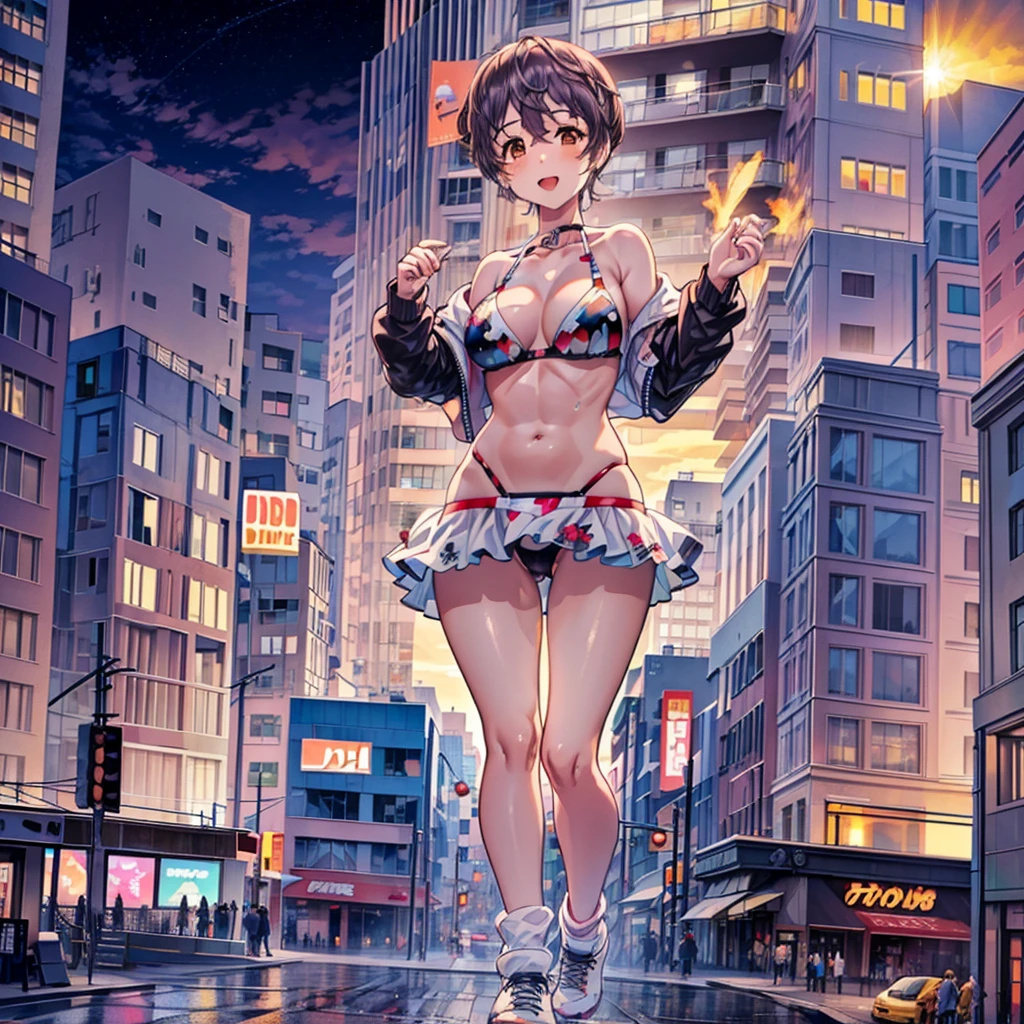 Composition viewed from below ((oikawa shizuku)) ((cow print bikini)) (((abdominal muscles))) ((muscular)) ((evening)) ((Big Tits)) ((sunset)) ((sunset)) cumulonimbus masterpiece ((Brown skin)) ((Sunburn)) Anime Style Delicate painting 4K 90's giant plural crowd ((Black Hair)) Metropolis crowd Crowd of people ((A huge Shizuku Oikawa standing in a valley between skyscrapers)) Metropolis Tokyo Akihabara Electric Town Big Breasts Sweating profusely Splash sneakers White socks watch Black Hair smile female giant giant girl Whole body Crowd Unreal Engine,cleavage ,a drawing of a , earrings, long hair,Cute picture Beauty Analog style whole body sneakers