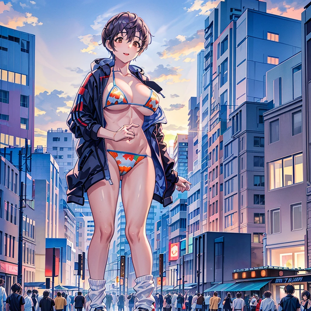 Composition viewed from below ((oikawa shizuku)) ((cow print bikini)) (((abdominal muscles))) ((muscular)) ((evening)) ((Big Tits)) ((sunset)) ((sunset)) cumulonimbus masterpiece ((Brown skin)) ((Sunburn)) Anime Style Delicate painting 4K 90's giant plural crowd ((Black Hair)) Metropolis crowd Crowd of people ((A huge Shizuku Oikawa standing in a valley between skyscrapers)) Metropolis Tokyo Akihabara Electric Town Big Breasts Sweating profusely Splash sneakers White socks watch Black Hair smile female giant giant girl Whole body Crowd Unreal Engine,cleavage ,a drawing of a , earrings, long hair,Cute picture Beauty Analog style whole body sneakers