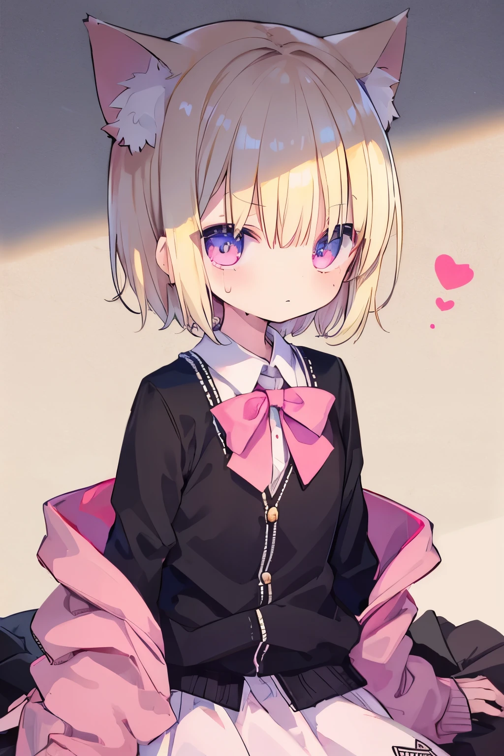 Blonde cardigan、Pink Skirt、Putting on a collar、Elementary school girl、platinum blonde short cut,Very beautiful and Shining Eyes、Shining Eyes、1 person、Cat ear、(((((Small body)))))、heart❤、((Sweat、vapor))