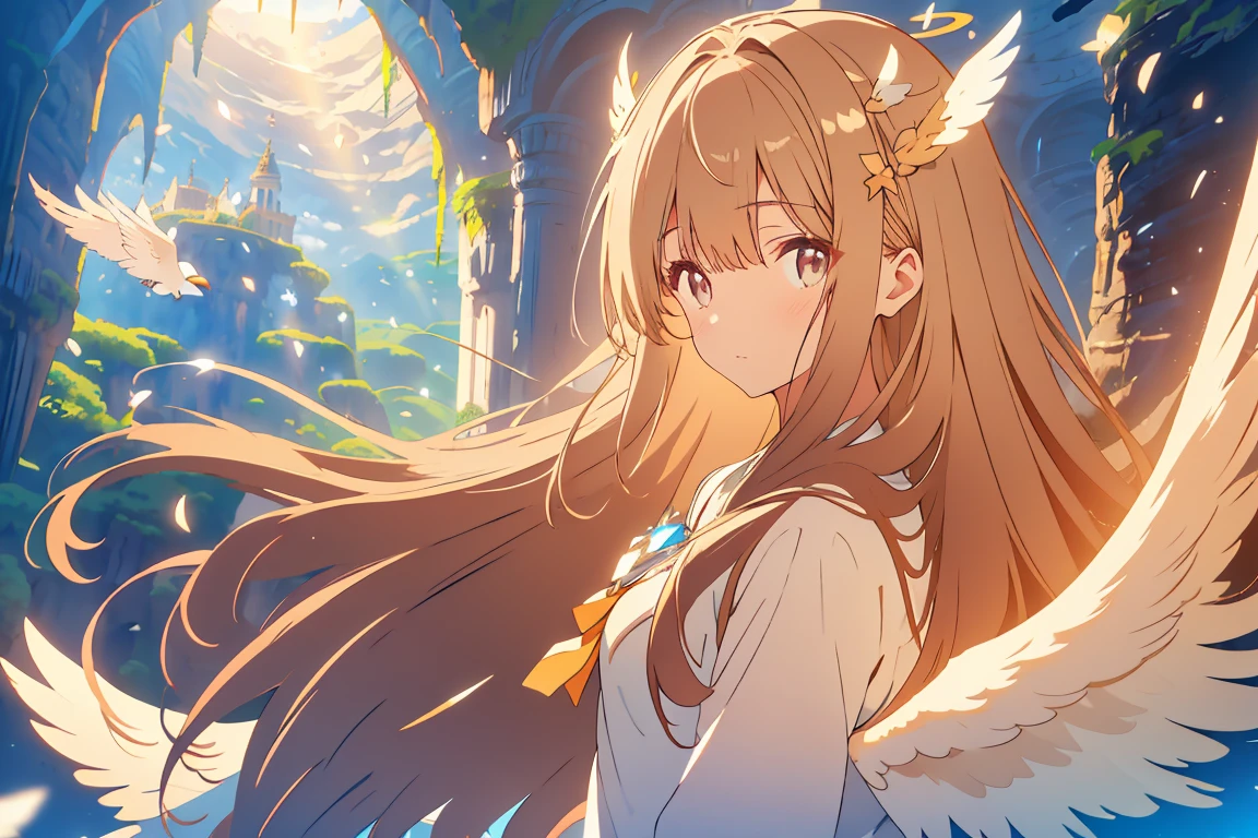 brown long hair, straight hair, bangs, halo, perfect eyes, soft light, high quality, 4k resolution, ((angel)), ((An angel with wings on her back)), an angel descending from the sky, feathers scattered in the background, light shining, swan wings, swan feathers, blue cave in Italy, Blue Grotto (Capri)