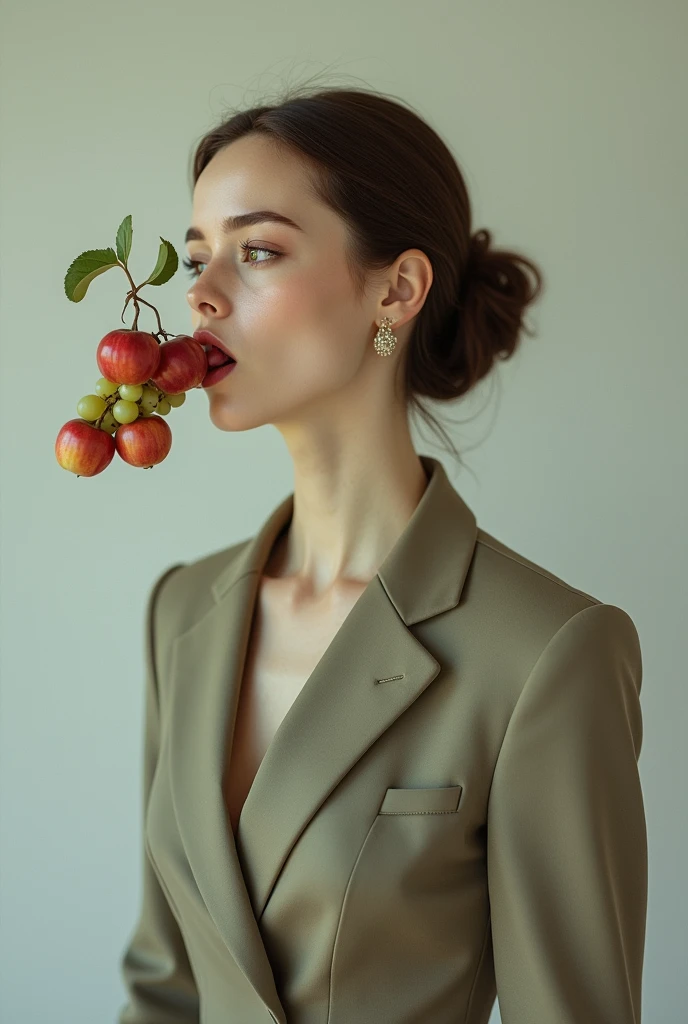 Create a well-dressed woman with small apples and grapes coming out of her mouth