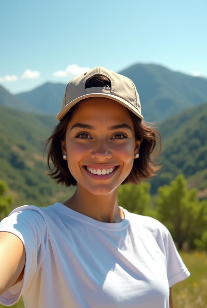 Beautiful latina woman with baseball cap and white t-shirt (taking a selfie with her cell phone in a great landscape), Highly Detailed, 25 years old, innocent face, short natural hair, High Resolution, Masterpiece, Best Quality, Intricate Details, Highly Detailed, Sharp Focus, Detailed Skin, Realistic Skin Texture, Detailed Eyes, Professional, 4k, Charming Smile, Shot on Canon, 85mm, Depth of Field, Kodak Vision Color, Perfect Fit Body, Extremely Detailed, Photo_(ultra\), photoRealistic, Realistic, Post Processing, Maximum Detail, Roughness, Real Life, Ultra Realistic, photorealism, photography, 8k hd, photography Hyper Realistic image with a lens aperture of 1.4 at a focal length of 50mm.