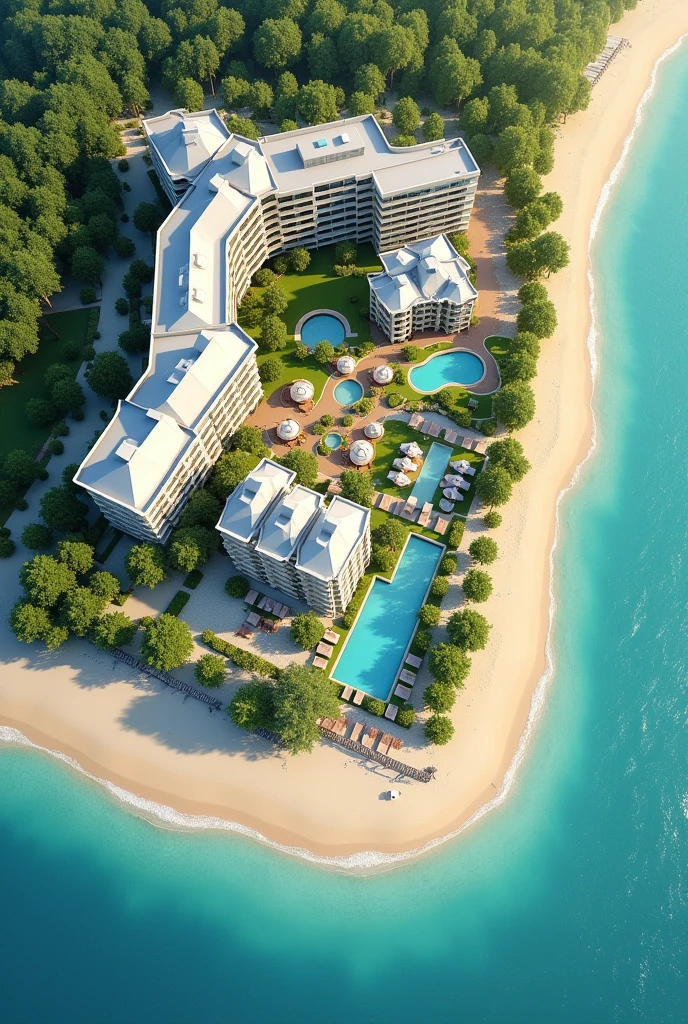 1D plan of a beach hotel showing the reception area first, The restaurant space, The recreation space, The L-shaped parking lot One part in front and the rest alongside, guest rooms, A SPA room, An area for people with disabilities, three pools, Connection with green areas, That can be something like an open space and a septic tank.