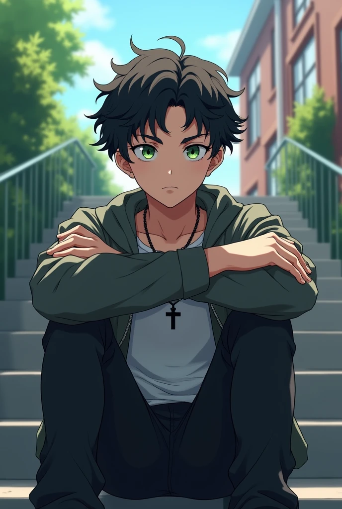 (anime style photo) Make a boy sitting on a staircase at the entrance of a school (the blurred background) with the arm crossed over one leg, with black curly hair, green eyes and smiling with fun watching the landscape wearing casual clothes and a black cross necklace looking at the horizon. That he looks seventeen years old and that he looks serious, and attractive, In an academy.