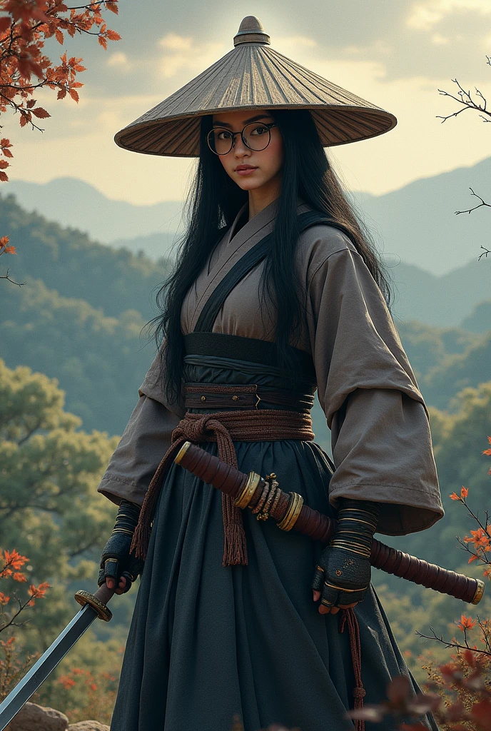 Woman in samurai costume, long hat and round glasses brandishing sword