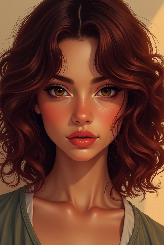 Create a hyperrealistic illustration of a young woman, with defined features and a marked jaw, dark brown eyes, Medium curly and long burgundy hair, Tanned skin, large expressive eyes and long eyelashes