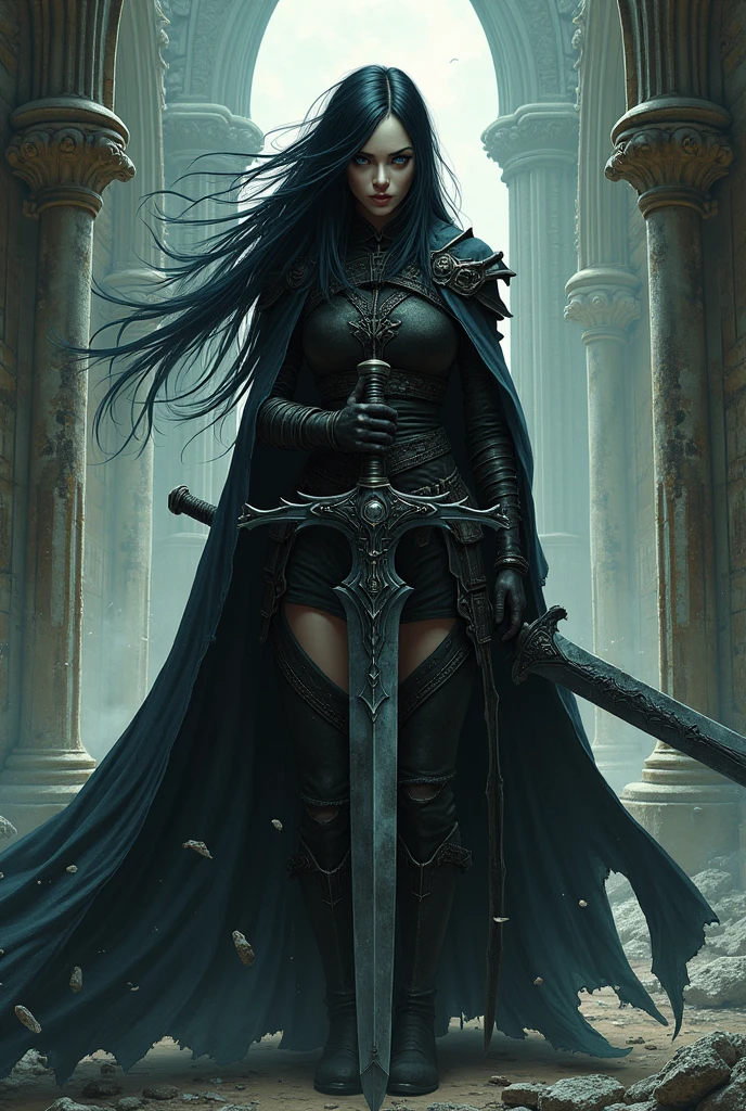 she looks too feminine the hair is too long and silk she doesnt have the diffent cursed eye she should input fear make the art more gothic more groteque inpired by the darkest mangas make the monster more fearsome bigger make her aura more intense more intimidating she looks too cute for a fearsome battle worn magic cursed swordman soldier make her sword bigger and more grotesque too make it be possed like a symbotick weapon with a demon inside make the sword bigger than her make the cathedral more onminus and abandon make her body more of a warrior taller strong i like the design of the clothes but make it more warrior oriented too
