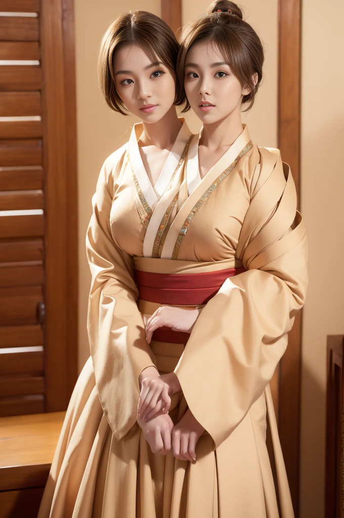 best resolution, 2heads,  korean woman with two heads , brown hair, blonde,  pixie cut and ponytail,  different faces, cropptop hanbok,big breasts, 4 arms,perfect proportion, full view, indoor background