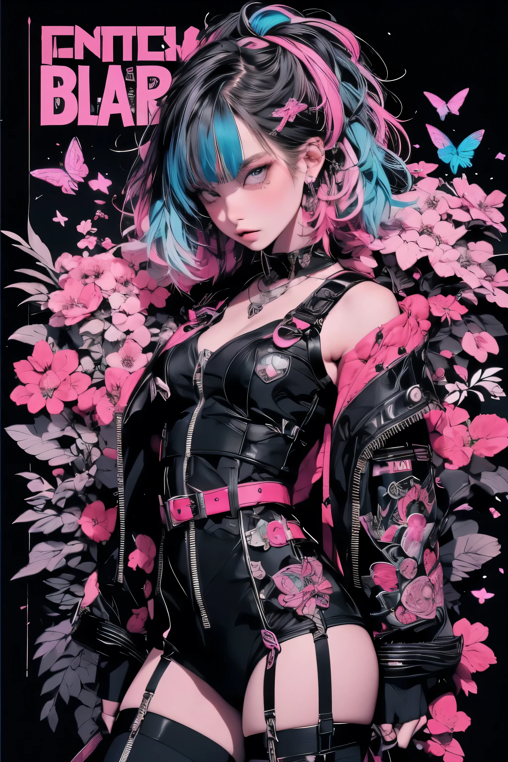 ((((Amazing))), (((brave))), (((intense))) film poster featuring a young neon blue hair woman as the central character. She stands confidently in the center of the poster, wearing a Stylish and edgy leather corset lace panties and thigh high boots with lots of straps buckles and zippers, with a determined Expression on her face. The background is aesthetic atmospheric dark and brave, Cherry blossoms and butterflies fluttering in the wind, With a sense of danger and intensity. The message is Bold and Attracting attention, with a catchy tagline that adds to the overall feeling of drama and excitement. The color palette is mainly dark with splashes of lively neon colors, giving the poster a dynamic and visually Outstanding appearance,Tachi-e
(magazine:1.3), (obscure-style:1.3), fashionable, woman, lively, set of clothes, A sexy and seductive pose, front, colorful, dynamic, background, component, confident, Expression, Holding, statement, Accessories, majestic, coil, around, touch, scene, message, obscure, Bold, Attracting attention, name, Stylish, Font, catchy, headline, bigger, Outstanding, modern, trend, Point of interest, fashion,