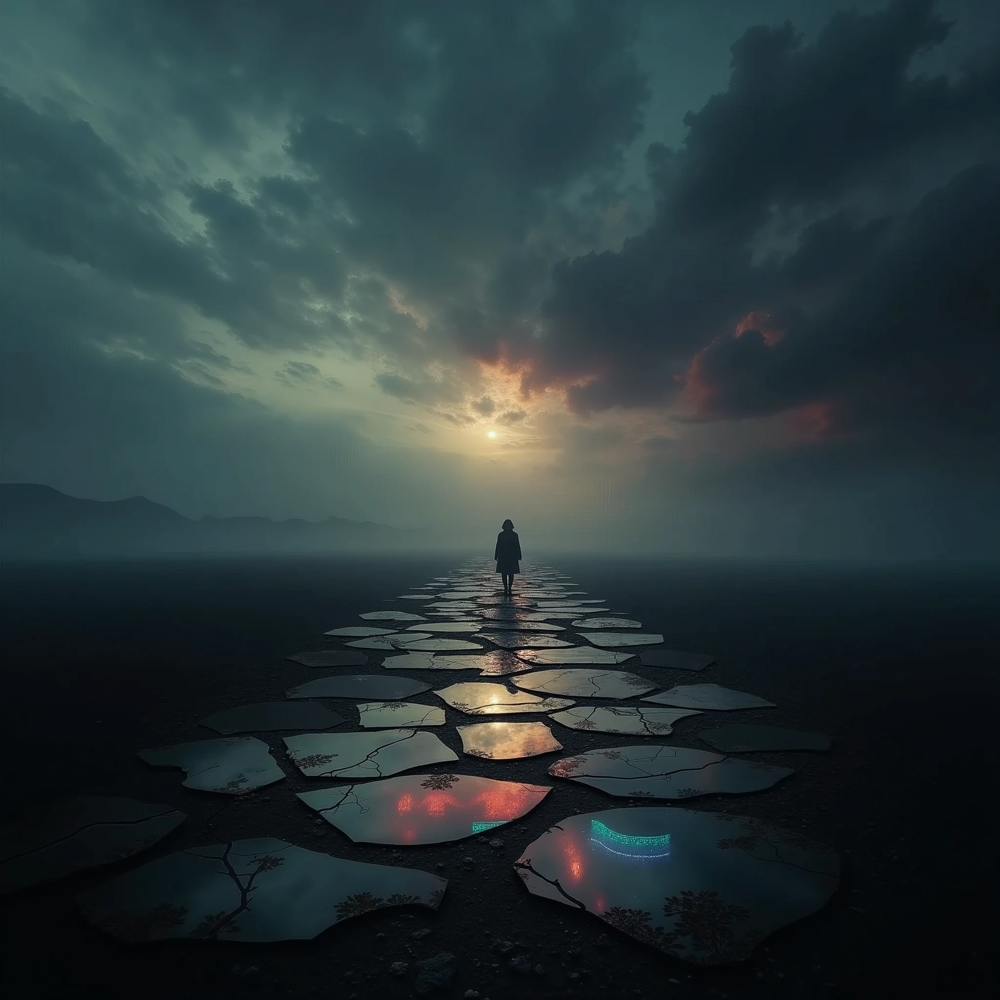 Create a deeply emotional and visually striking album cover that embodies the themes of self-discovery, pain, betrayal, and resilience found in the songs 'ALMA QUEBRADA,' 'LUXURIA,' 'LOLITO,' 'VIDA EM PEDAÇOS,' 'EU NASCI ASSIM,' and 'MARCAS INVISÍVEIS.' The scene should feature a vast, dark landscape under a stormy, tumultuous sky. In the foreground, a shattered mirror or fragments of glass are scattered across the ground, each reflecting a different scene or emotion: a faint light breaking through heavy clouds, a lonely piano with keys illuminated by a soft glow, swirling neon lights suggesting the seductive allure of the night, and blurred, shadowy figures representing the pain of betrayal and the struggle for identity.
In the distance, a lone figure stands, partially obscured by mist, representing the internal journey and the invisible scars that remain. The sky above is a blend of deep blues, purples, and grays, with hints of dawn and neon light subtly breaking through, symbolizing hope amidst the darkness. Abstract waves of light and shadow intertwine throughout the image, connecting the various elements and evoking a sense of movement and emotional depth. The image should be free of any titles or text, allowing the visuals to fully convey the depth and complexity of the music.