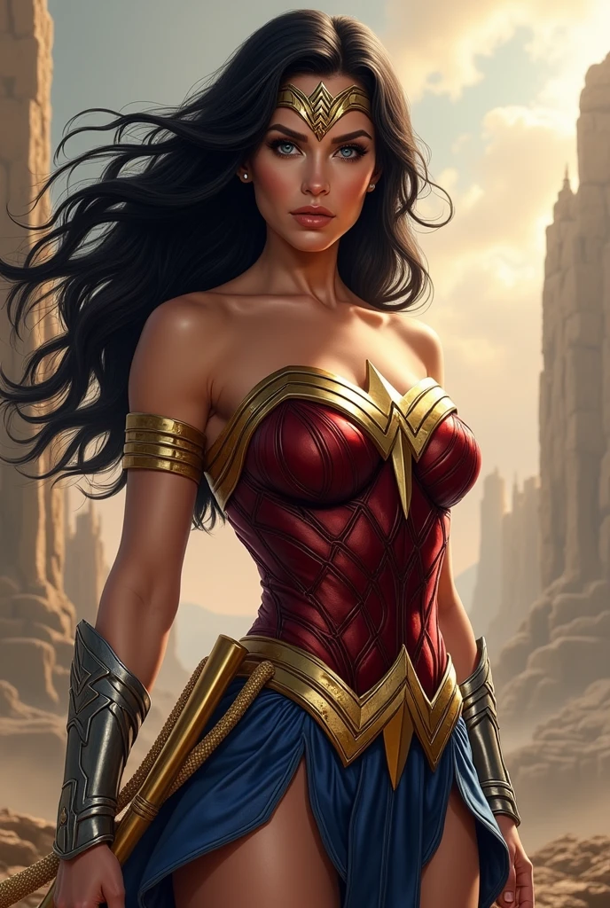 Draw Megan Fox with black hair and blue eyes as Wonder Woman