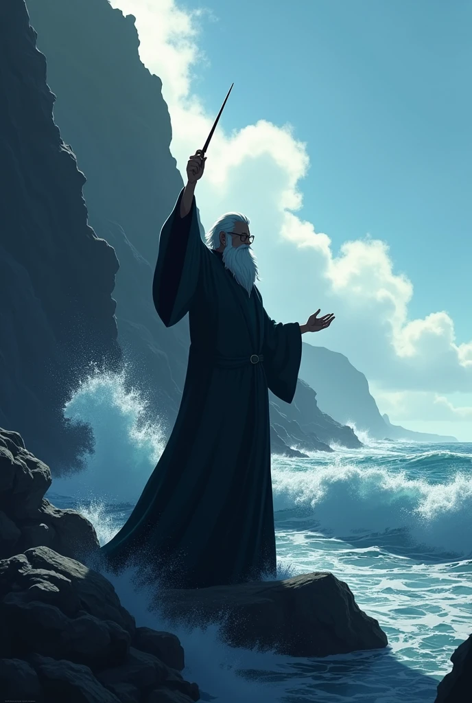 Animation of Albus Dumbledore raising his wand at the rocks amid the sea in Half Blood Prince. Pic should be from far away but in 9:16 ratio.
Camera should be facing from sea towards Shore. With Dumbledore standing on a Rock amid the sea and waving his wand high at the cliffs on the shore. Dumbledore 's shadow, depicting his robe, beard,hair and Wand only should be prominent, keeping the rest of his body as a shadow.