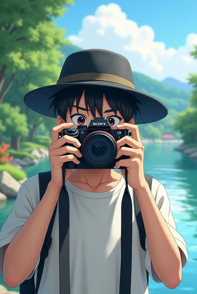 A Japanese man with a Sony SLR camera landscape Riverside Black Hat White T-shirt Animated Landscape