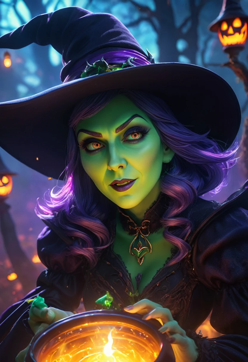 (anime, fantasy, wicked witch), (detailed CG unity 8k wallpaper, masterpiece, best quality, hyperdetailed, HDR:1.2), vibrant colors, highly detailed face, A devious wicked witch, fantasy witch outfit, wonky nose ,unique shape, (cartoon style). holding a glowing smoky potion, enchanted, beautiful, ethereal lighting, view from above, lens flare