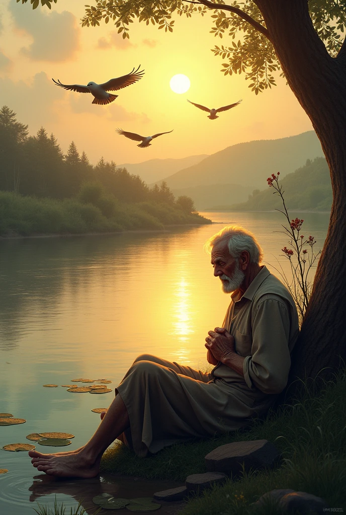 Flying birds river sunset dying man  peaceful 
