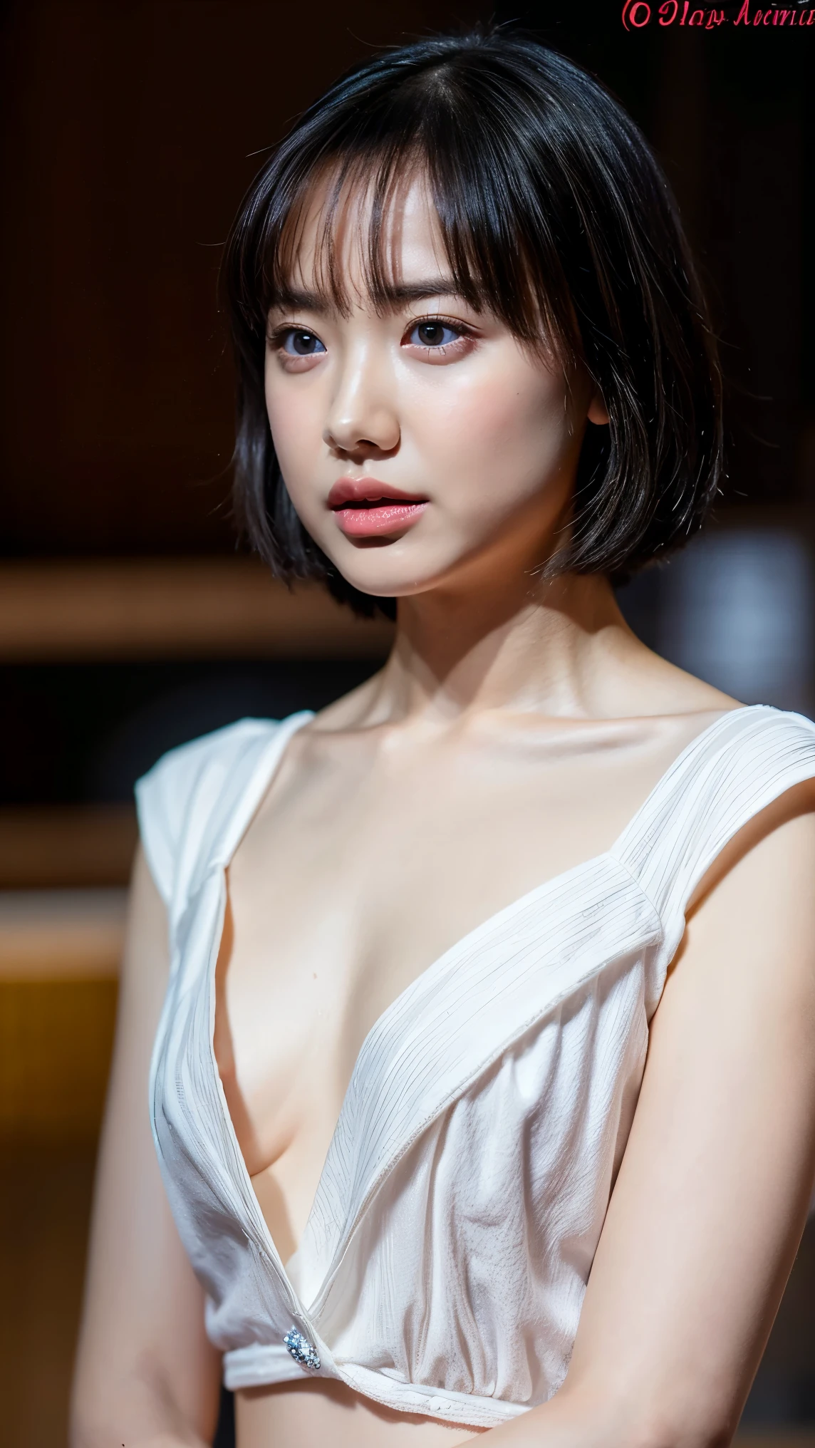 (1 person,  , Full body portrait, Small breasts, Short Bob Hair, White panties, Nipples are visible), Fair-skinned, shiny thin lips, skinny, Body Type, Delicate and sexy collarbone, Highest quality, RAW Photos, Realistic, face, Incredibly beautiful, cute, Depth of written border, High resolution, 超detailed, detailed, Very detailed, extremely detailed eye and face, Sharp pupils, Sharp focus, Cinema Lighting