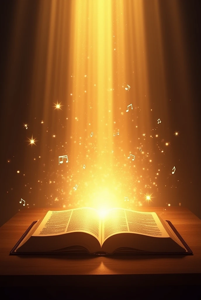 A gospel music advertisement image with a heavenly background. The scene features golden light rays shining from above, creating a warm and divine atmosphere. In the center, there's an open Bible glowing with light, symbolizing divine inspiration. Musical notes swirl gracefully around the Bible, adding a sense of melody and worship. The text reads 'Transforme sua Adoração em uma Composição Gospel Exclusiva' in elegant, eye-catching fonts that stand out against the background. Below the main text, the names 'Bruno & Grace' are written in a stylish, harmonious font. At the bottom, the phrases 'Qualidade Profissional' and 'Impacto Duradouro' are displayed in sophisticated typography. The overall design conveys a sense of spiritual elevation and professional quality, perfect for attracting an audience interested in exclusive gospel compositions."