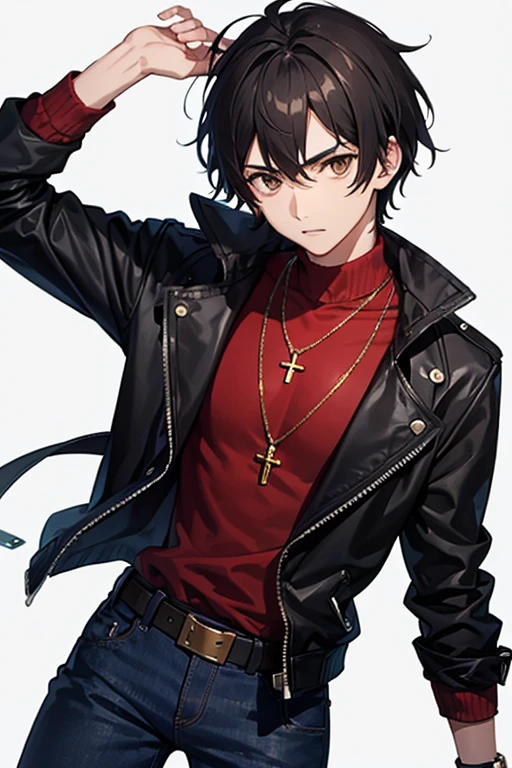16 year old boy, messy black hair, brown eyes, black jacket, red shirt, blue jeans, slim build, black belt, gold cross necklace, looking directly at viewer, white background.