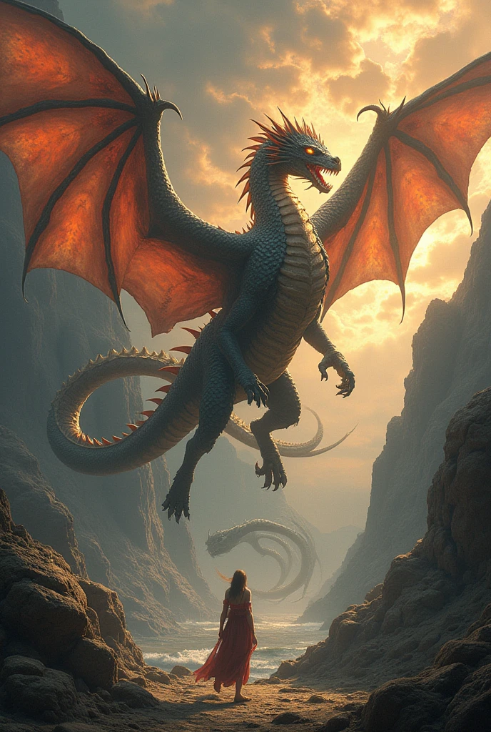 A dragon and a hydra fighting