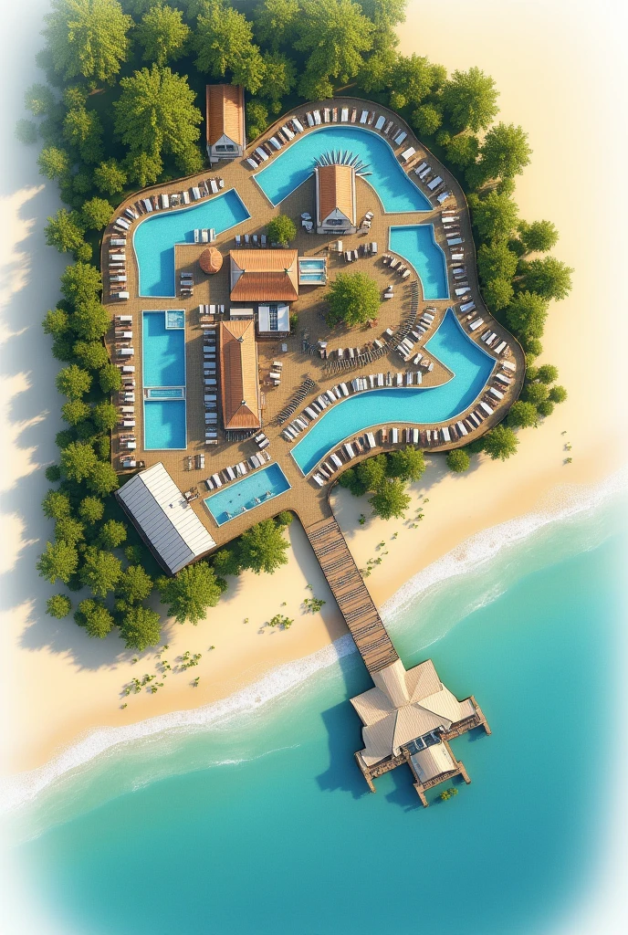 1D plan of a beach hotel showing the reception area first, The restaurant space, The recreation space, The L-shaped parking lot One part in front and the rest alongside, guest rooms, A SPA room, An area for people with disabilities, three pools, Connection with green areas, That can be something like an open space and a septic tank.