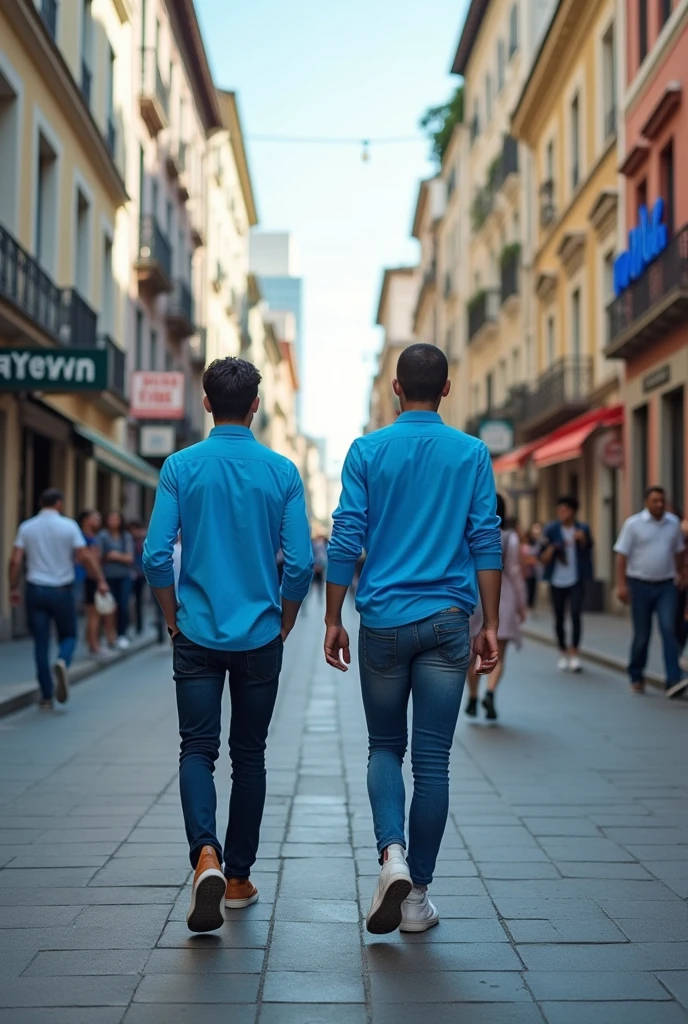 A couple of people in blue shirts are walking on the street, Walking proudly on the street