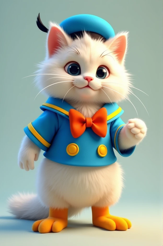 A cute cat wearing a Disney Donald Duck costume, standing up